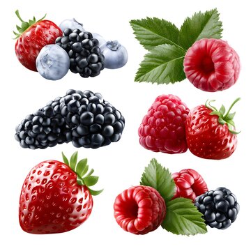 Fresh strawberries raspberries and blackberries with green leaves fruit collection