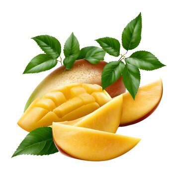 Fresh sweet mango fruit with green leaves and sliced pieces