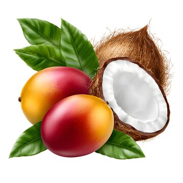 Fresh mango fruits and brown coconut with green leaves