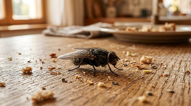 Intimate close-up of a common housefly exploring a wooden kitchen table littered with scattered food crumbs and debris under natural light