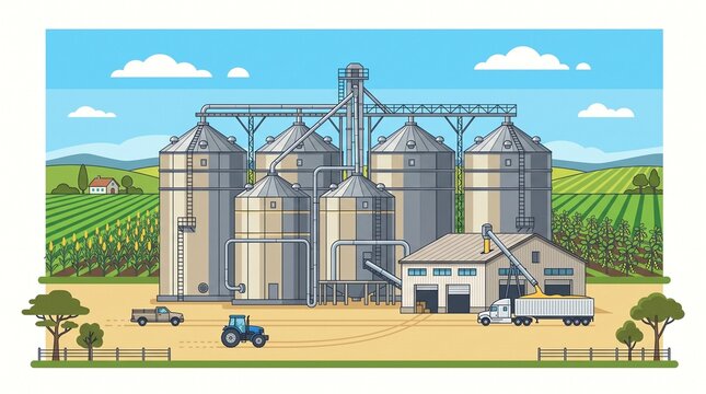 Modern agricultural grain silos and farm facility in a flat design illustration.