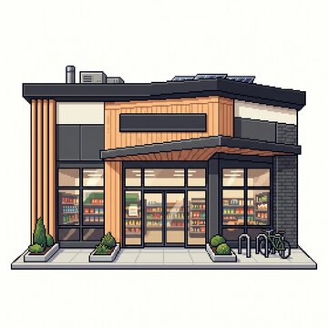 Flat design modern small grocery store exterior with large windows and bicycles parked outside