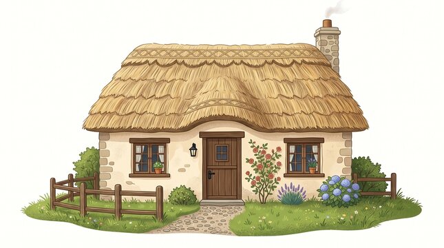 Charming thatched roof cottage illustration in a cozy flat design style