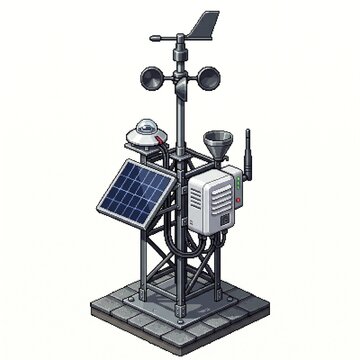 Pixel art weather station with solar panel and anemometer for climate monitoring systems.