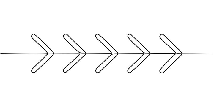 arrows graphic decorative one line continuous footer design element minimalist art, continuous line drawing of chevron alignment right curve symbol. abstract line art illustration. 
