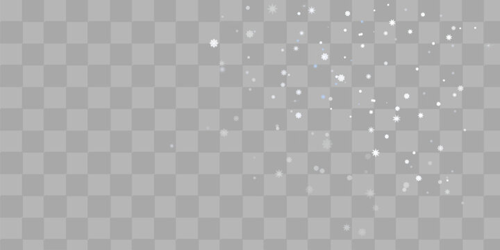Christmas glittering snowflakes in air on transparent background. Snow overlay effects. Snow background. Heavy snowfall with frosty particles. Winter ambiance.