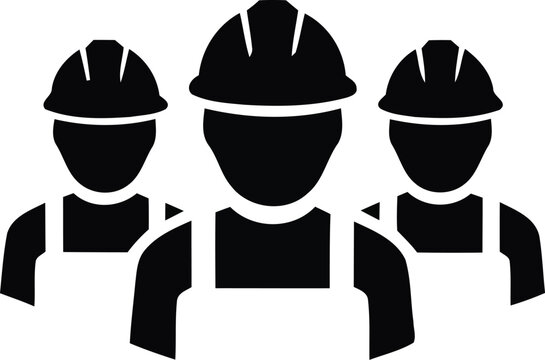 Black and white icon of three construction workers wearing hard hats representing a professional industrial labor team