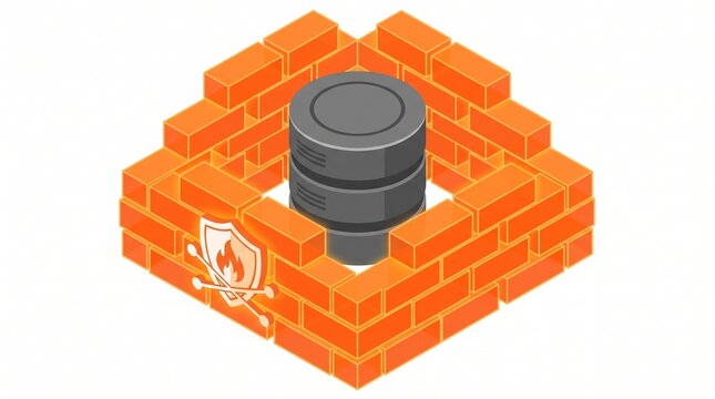 Isometric firewall server protection icon with brick wall barrier and shield symbol
