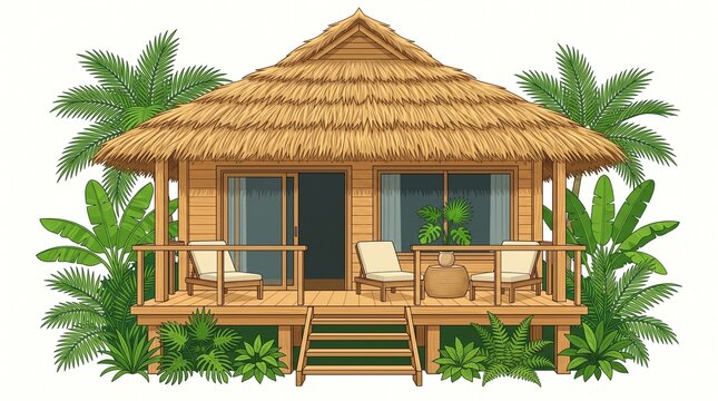 Tropical bungalow with straw roof and wooden deck in flat design style