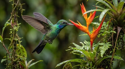 Naklejka premium hummingbird hovering in front of a bright orange heliconia flower in the forest