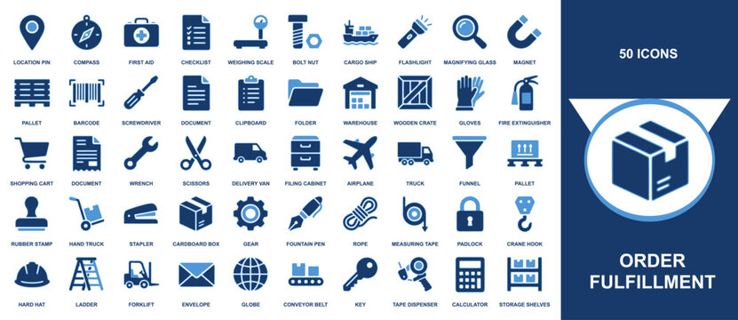 Set of fifty vector business icons representing order fulfillment and logistics for e commerce websites