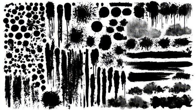 Collection of various black ink splatters, brush strokes, and grunge textures isolated on white background
