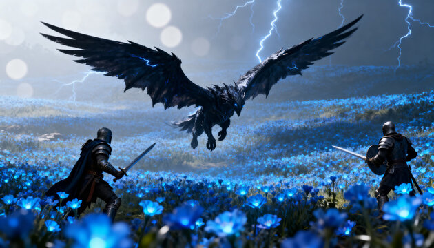 fantasy battle scene dark winged entity warriors glowing blue flowers