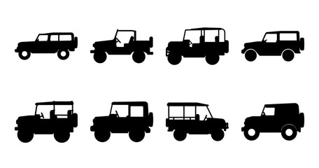 Fototapeta premium Black and white vehicle silhouette icons set - A clean set of black and white vehicle silhouette icons in various styles, perfect for web design, presentations, or infographics.