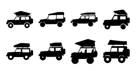 Fototapeta premium Six camping vehicles with roof tents - Black and white vector illustration of six different off-road vehicles equipped with roof-top tents, ideal for camping and adventure themes.