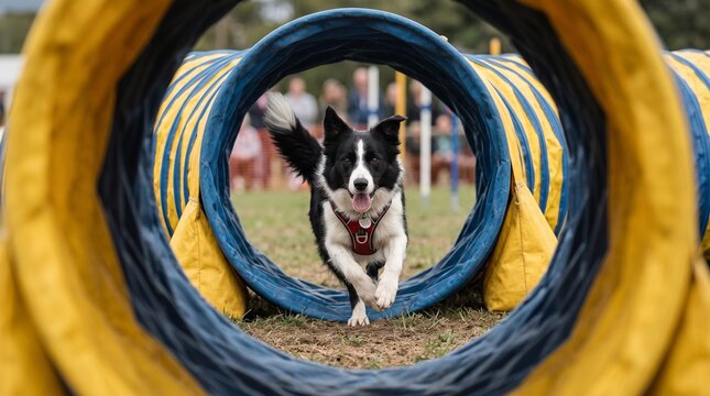 Energetic Border Collie running through a blue and yellow agility tunnel during outdoor sport event