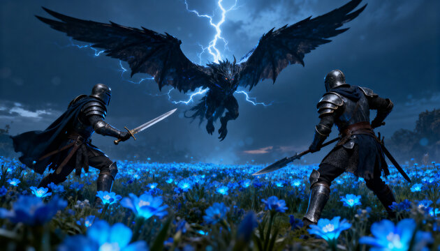 fantasy battle scene dark winged entity warriors glowing blue flowers