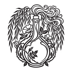 Fototapeta premium Art Nouveau Botanical Illustration with Ornamental Whiplash Lines and Floral Rose Vines Surrounding a Magic Potion Bottle