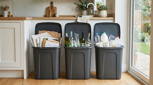 Three dark grey recycling bins arranged side-by-side filled with various recyclable materials
