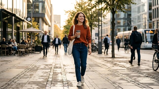 Smiling woman enjoying a casual morning stroll through a bustling city street with a takeaway coffee