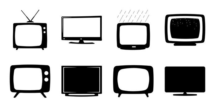 Evolution of old to flat screen tv icons - Eight black and white icons showing the transformation from vintage CRT TVs to modern flat screen TVs in a clean, minimalist style.