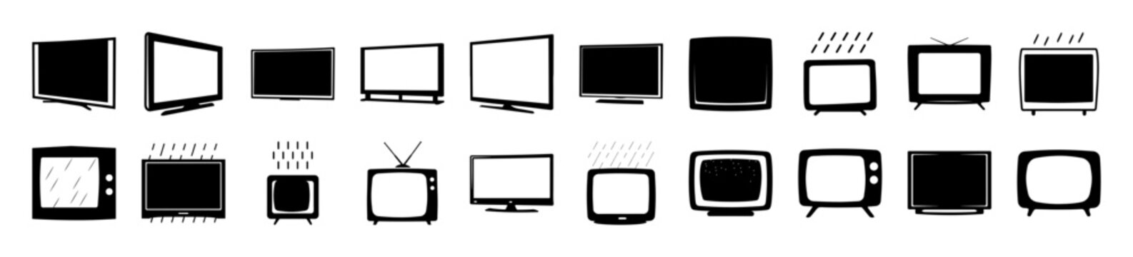 Flat icons set of old and modern tvs and speakers - A collection of minimalist flat icons showing various styles of vintage and modern televisions, speakers, and audio equipment in black and white.