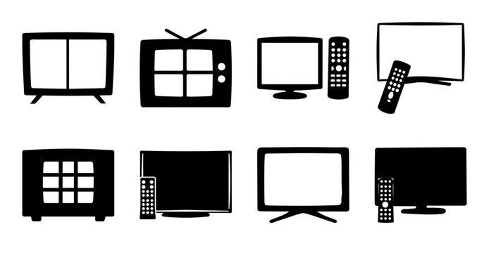 Flat icons set of old and modern televisions - A minimalist collection of flat icons showing various television styles from vintage CRT to modern flat-screen TVs with remote controls.