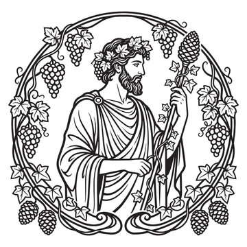 Art Nouveau Botanical Illustration of Dionysus Greek God of Wine with Ornamental Floral Whiplash Frame and Grape Vines, Black and White Line Art for Coloring Book