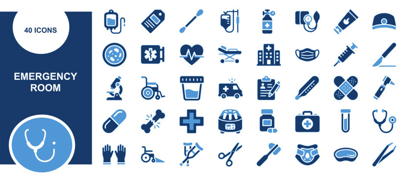 Set of forty emergency room medical icons for clinical health care and hospital service visual communication