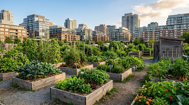 Lush urban community garden with raised vegetable beds against city skyline background