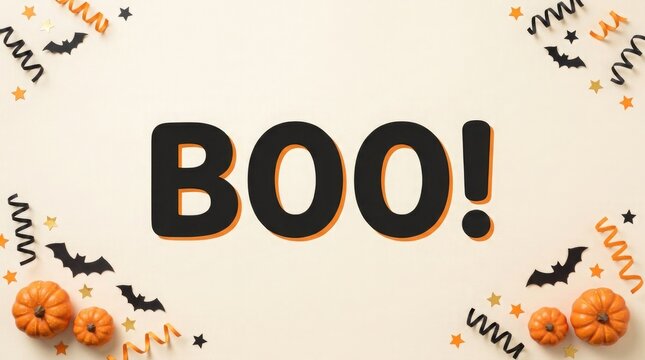 Fun halloween spooky boo text with bats and pumpkins