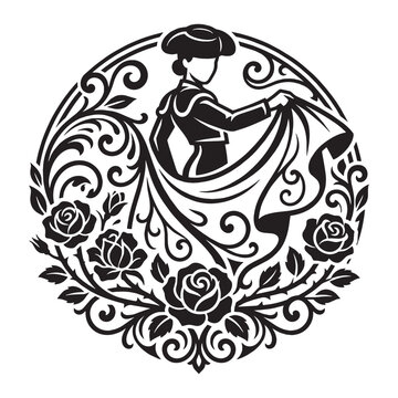 Spanish Matador Silhouette with Victorian Flourish and Filigree Rose Ornamental Scrollwork Design