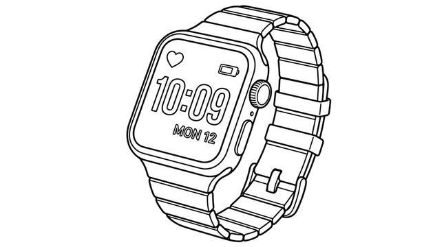 Modern digital smartwatch with metal band, line art illustration on white background, showing time and date