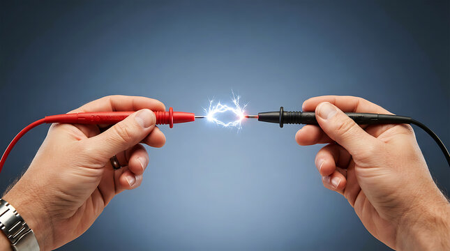 Hands holding electrical probes with blue sparks