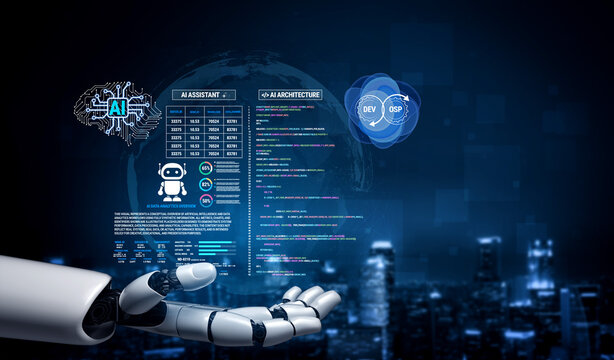 Futuristic Robotic Hand Presenting Artificial Intelligence Data and Information in a Modern Digital Landscape Fluxor.