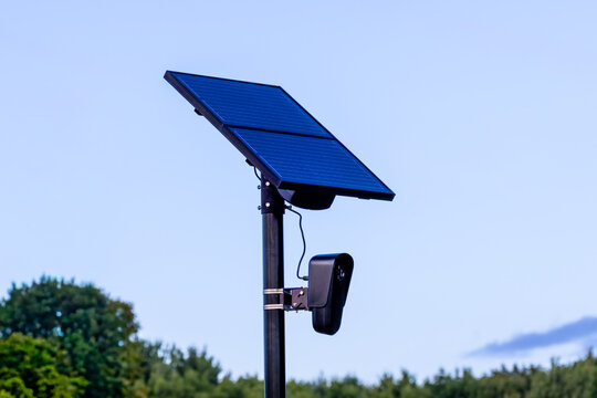 Solar powered automated license plate reader camera on pole