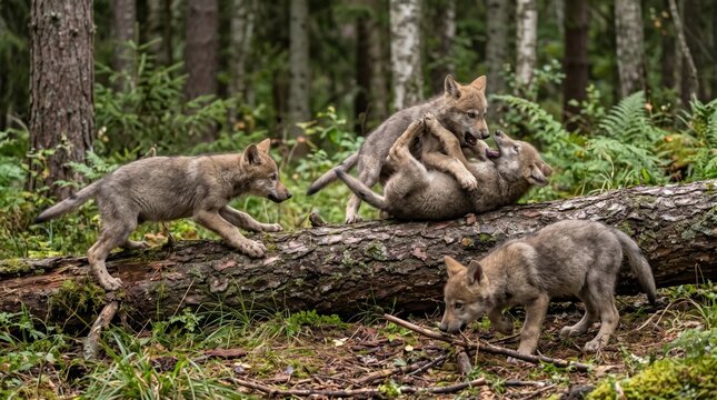 Group of wolf pups playing together on a wooden log in a green forest