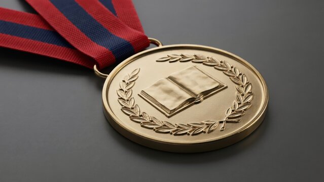 A gold medal with an open book engraving and ribbon on a dark background. Award for academic excellence or literary achievement concept.