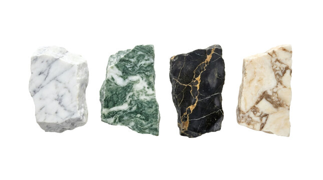 Set of four raw marble slab fragments including Carrara, green jade, black gold, and beige textures isolated on transparent background.