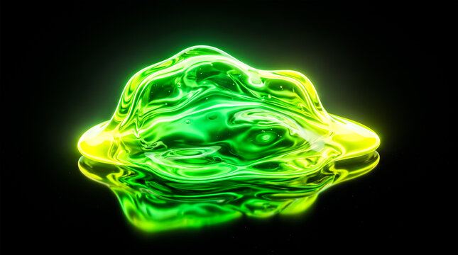 Glowing Green Slime Blob on Dark Reflective Surface - Futuristic Bioluminescent Gel and Toxic Liquid 3D Render