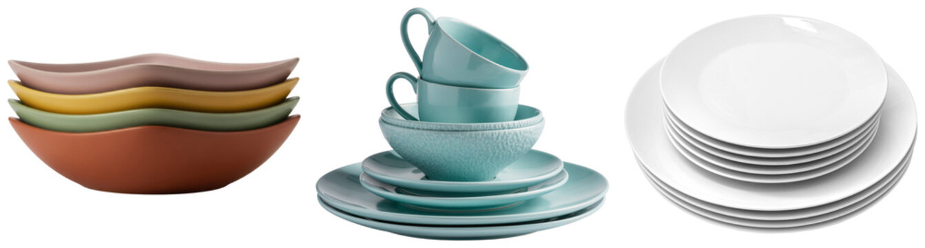 Stack of colorful bowls, teal cups and bowls, and white plates isolated on white background