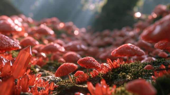 Enchanting fantasy forest floor with glowing red mushrooms and crystals illuminated by mystical sunlight