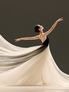 Graceful Ballerina in Flowing Black and White Gown Performing Elegant Dance Moves
