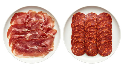 Obraz premium Two white platters of sliced Spanish jamon ham and spicy pepperoni chorizo sausage isolated on transparent background.