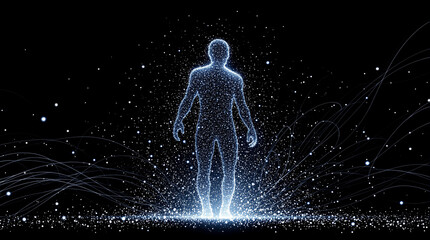 Fototapeta premium Abstract digital human figure formed by glowing particles and light
