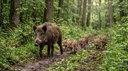 Naklejka premium Mother wild boar with her cute small piglets walking on a path in a green summer forest