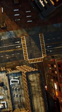 Aerial view shows rooftops of several buildings in a city at night. Lights from windows create patterns across the structures. Various details like air conditioning units are visible.