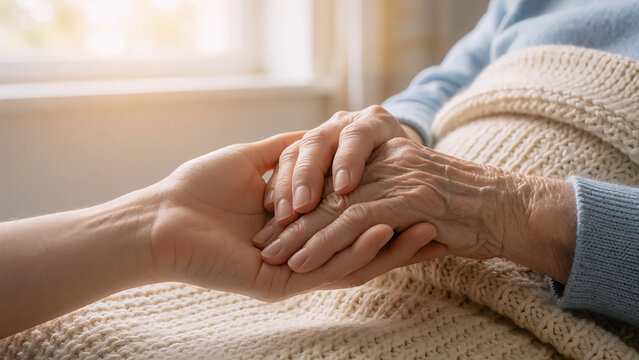 Close-up view of clasped hands of a healthcare provider and patient in clinic