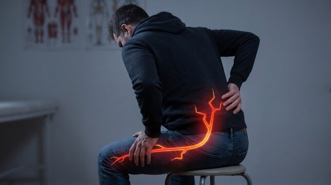 Man suffering from severe sciatic nerve pain and lower back discomfort in medical office
