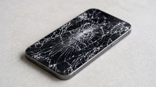 Cracked smartphone screen on a neutral surface  